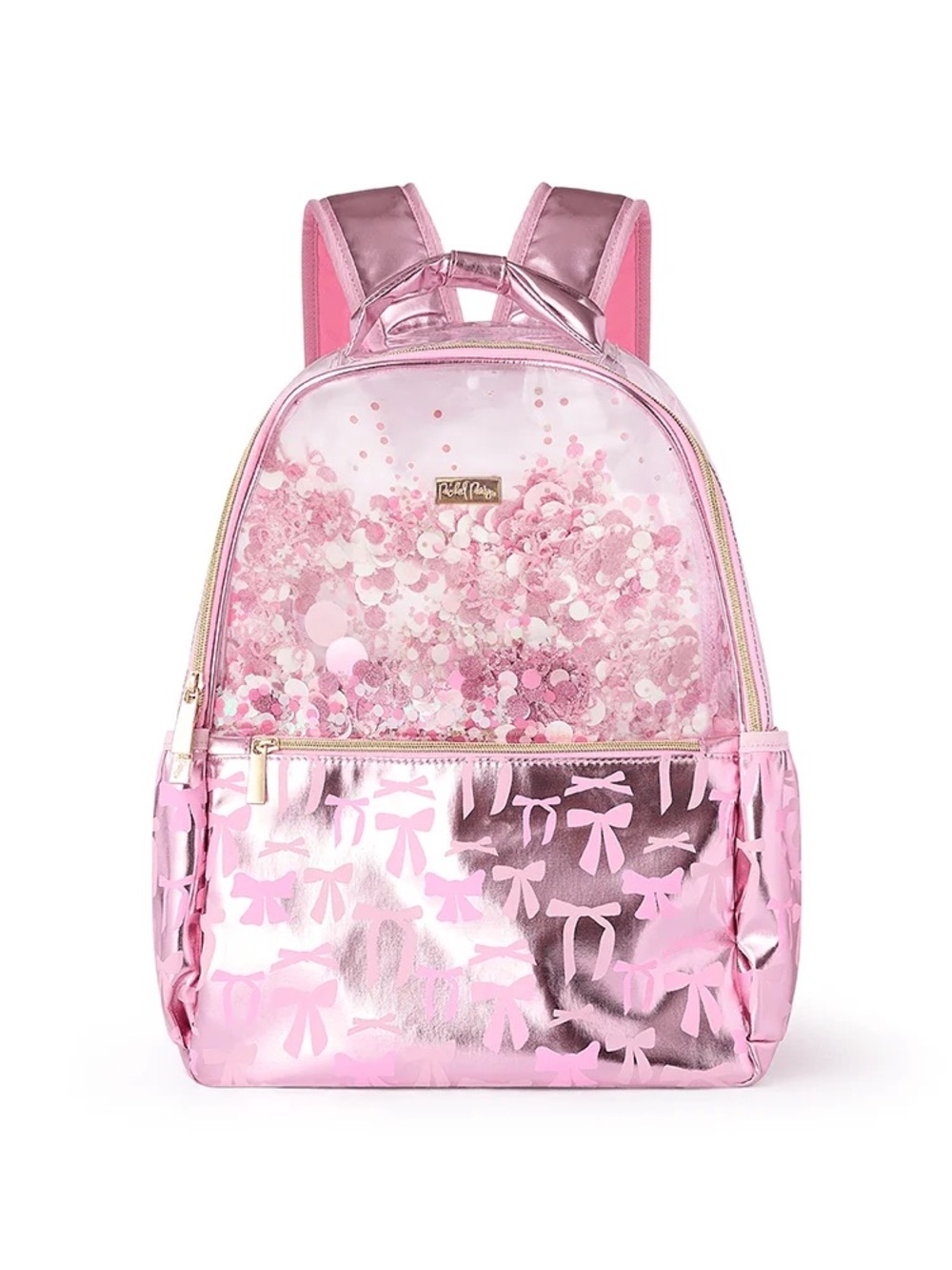 Packed Pink Shimmer Pink Clear Glitter Backpack with Metallic Bow Print